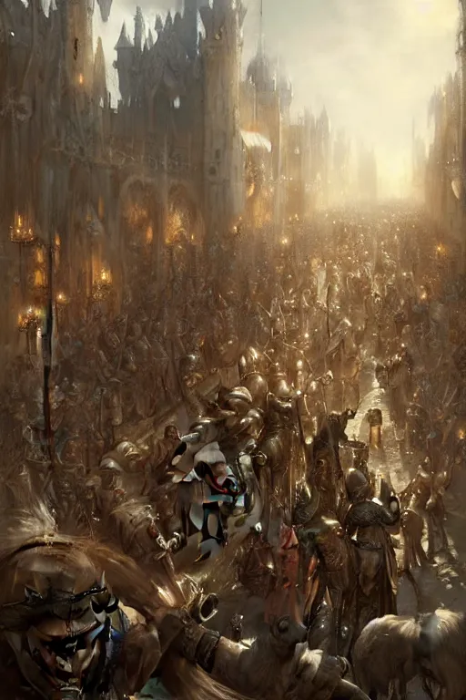 Image similar to medieval parade of knights, holiday, by wlop, by luis royo, by peter mohrbacher, concept art, digital illustration, intricate, masterpiece, elegant, super detailed, unreal engine rendering, smooth, sharp focus, artstation hq