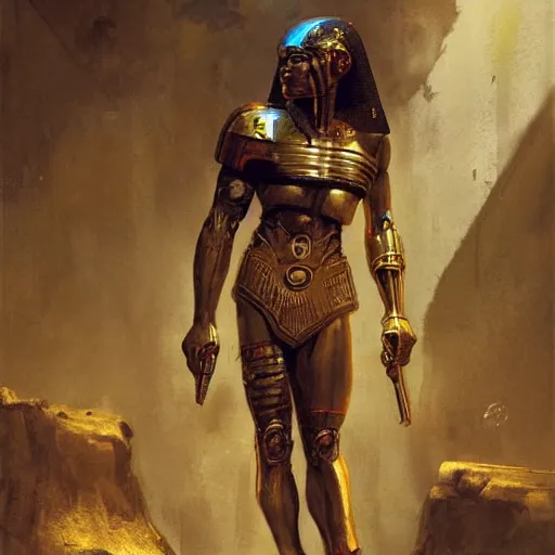 Image similar to a cyborg fighter, Egyptian features, resting after a hard fight, happily tired, sci fi character portrait by gaston bussiere, craig mullins