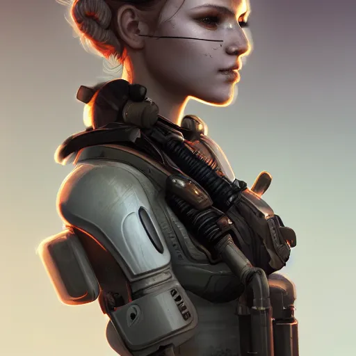 Prompt: beautiful female android, full round face, short smile, full body, post apocalyptic setting, medium shot, mid-shot, highly detailed, trending on Artstation