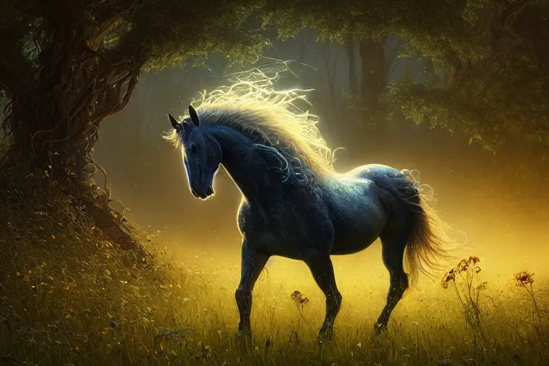 Prompt: a stunning horse with a thick mane of bioluminescent vines and flowers running through a meadow by greg rutkowski, high key lighting, volumetric light, digital art, highly detailed, fine detail, intricate, ornate, complex, octane render, unreal engine, photorealistic