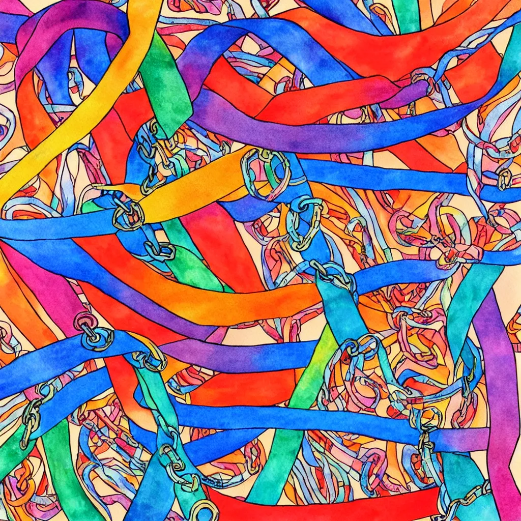 Prompt: illustrated scarf in the style of hermes, colorful ribbons and chains, surreal, abstract, colorful, detailed art, illustration style, watercolor