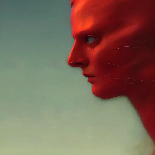 Image similar to Portrait Masterpiece, Wanda Maximoff, red, glowing, wires everywhere, by Edgar Maxence and Ross Tran, Zdzisław Beksiński, and Michael Whelan, distant, gustav dore, H.R. Giger, 8k, octane render