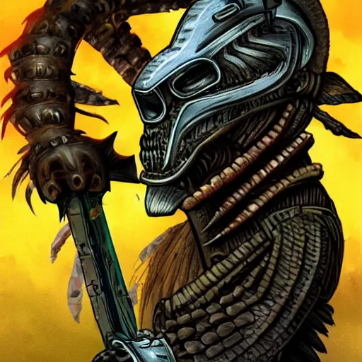Prompt: predator alien wearing a samurai armor