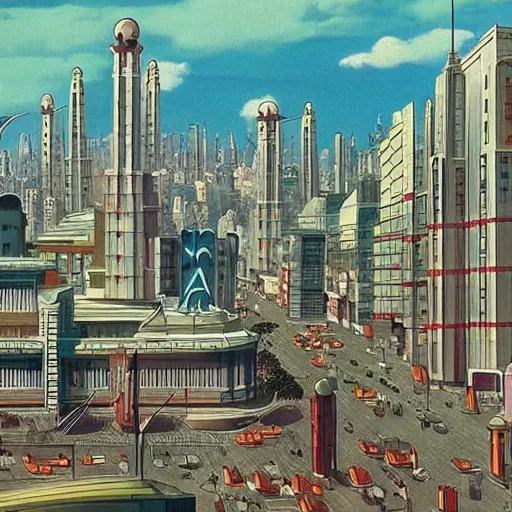 Image similar to “ large art deco city in 1 9 4 5, from an anime movie ”