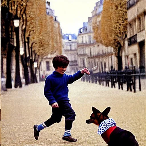 Image similar to a french boy on the streets of paris playing football against a corgi, the dog is wearing a polka dot scarf, book illustration, 1 9 6 6