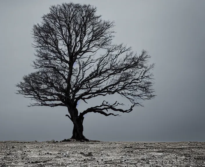 Prompt: 4 k hd, high detail photograph of lonely tree during apocalyptic scenery, shot with sigma f / 4. 2, 2 5 0 mm sharp lens, wide shot, consistent, volumetric lighting, high level texture render