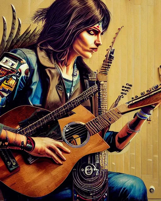 Image similar to a portrait of an anthropomorphic cyberpunk eagle strumming an acoustic guitar by sandra chevrier, by jon foster, detailed render, tape deck, epic composition, cybernetics, 4 k realistic, cryengine, realistic shaded lighting, sharp focus, masterpiece, by enki bilal