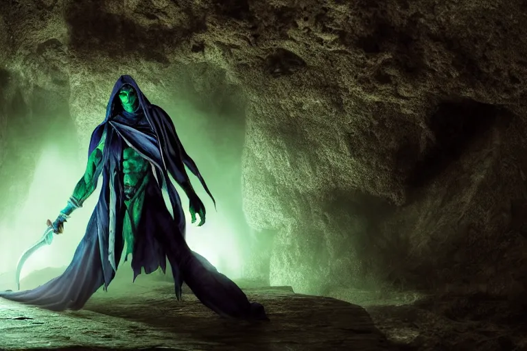 Image similar to vfx film, soul reaver, raziel irl, price of persia movie, missing jaw, hero pose, devouring magic souls, scarf, hood, glowing green soul blade, in epic ancient sacred huge cave temple, flat color profile low - key lighting award winning photography arri alexa cinematography, hyper real photorealistic cinematic beautiful, atmospheric cool colorgrade