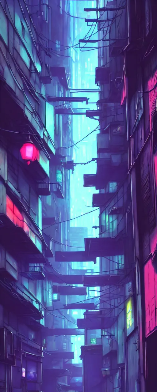 Image similar to city alleyway in the atmospheric cyberpunk anime film, gouache matte background painting, neon noir, at night with lights, by makoto shinkai, in the anime series ergo proxy, beautiful specular edge highlights and rim lighting