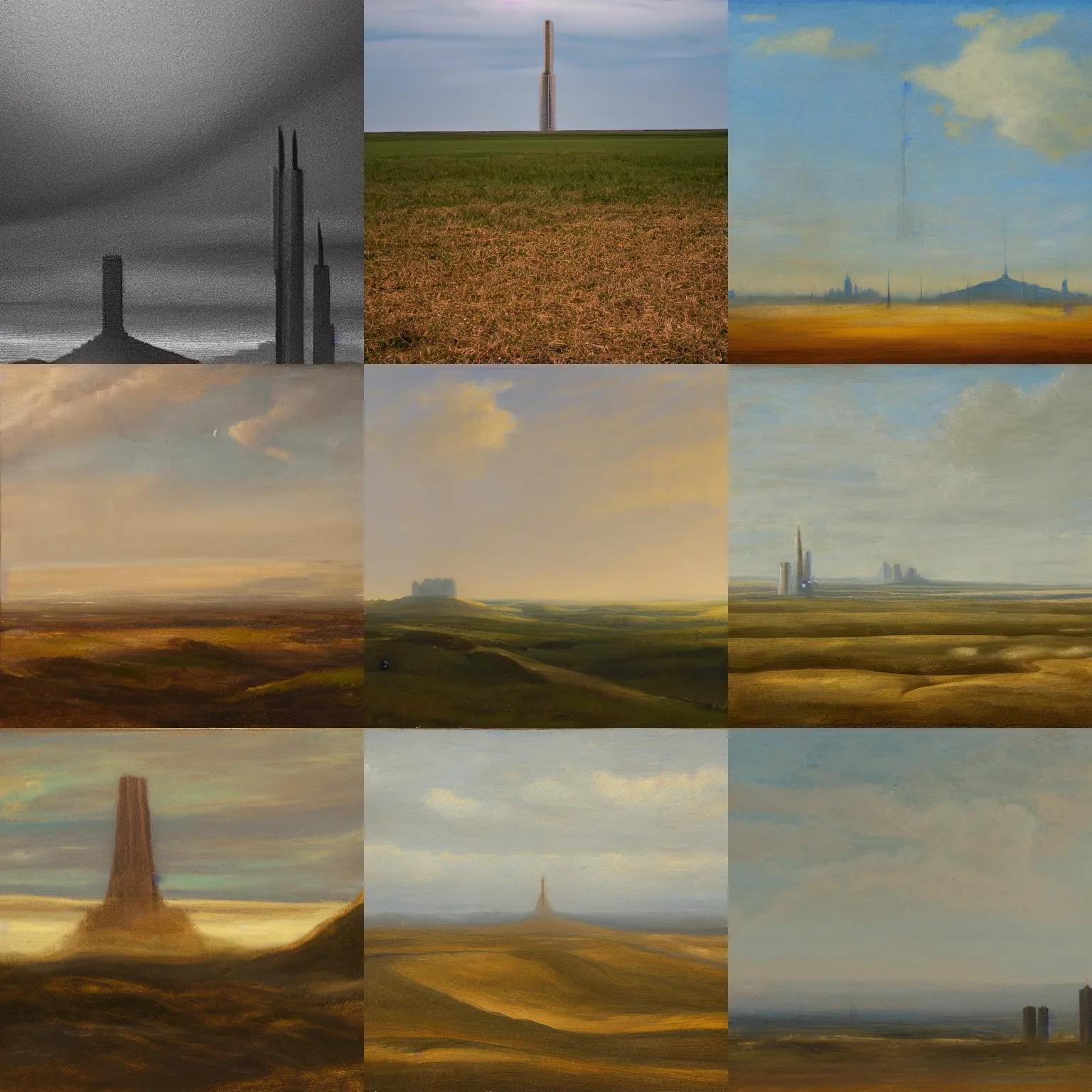 Prompt: Landscape with infinite tower far on the horizon