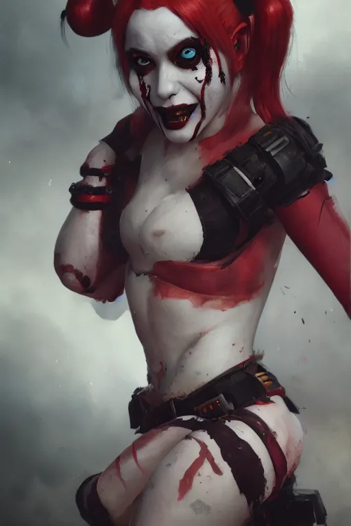 Prompt: a high detail portrait of a horrific Harley Quinn by Greg Rutkowski, Sung Choi, Mitchell Mohrhauser, Maciej Kuciara, Johnson Ting, Maxim Verehin, Peter Konig, final fantasy , mythical, 8k photorealistic, cinematic lighting, HD, high details, atmospheric,