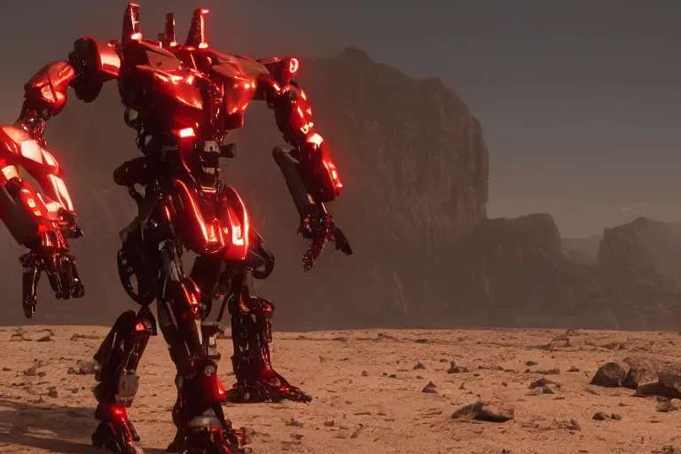 Image similar to a cinematic still from Westworld, red mech, armored core, octane render, nvidia raytracing demo, masterpiece