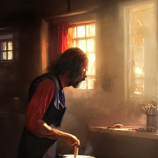 Image similar to a portrait of nick cave baking pizza, eerie colors, dramatic light, gorgeous view, depth, high detail, digital art, painted by greg rutkowski and seb mckinnon, trending on artstation