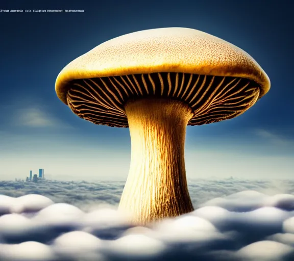 Image similar to a giant mushroom that stretches above the clouds with buildings inside the cap. highly detailed 8 k. intricate. lifelike. soft light. nikon d 8 5 0. cinematic post - processing