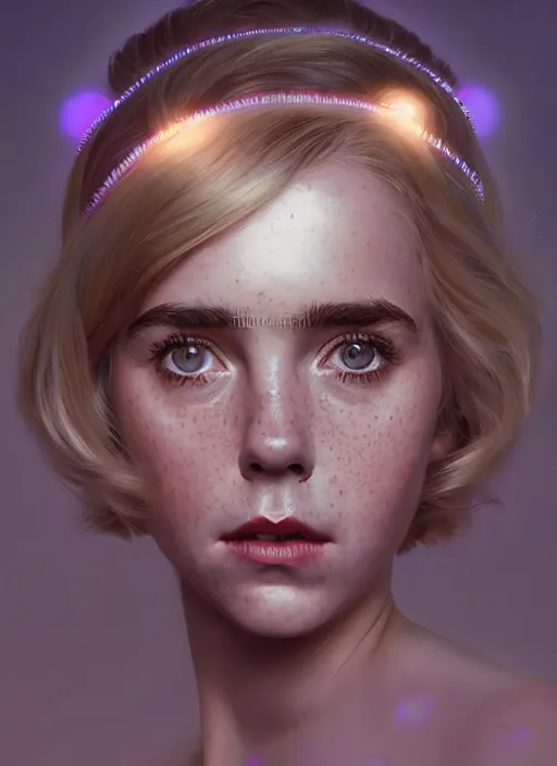 Image similar to portrait of kiernan shipka with freckles, white hair, 1 9 6 0 s bob hairstyle with bangs and hairband, intricate, elegant, glowing lights, highly detailed, digital painting, artstation, concept art, smooth, sharp focus, illustration, art by wlop, mars ravelo and greg rutkowski