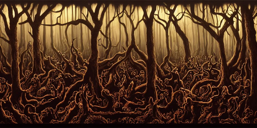 Prompt: masterpiece demons, vampires and witches dancing in the scary woods at dusk, by jeffrey smith and stanley donwood. volumetric lighting, photorealistic, intricate, trending on artstation 8 k