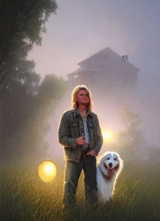 Prompt: highly detailed portrait of a blonde long - haired hillbilly in front of old style house, with his fluffy light gray australian shepherd, stephen bliss, art by greg rutkowski, loish, rhads, ferdinand knab, makoto shinkai and lois van baarle, artgerm, pixar, ilya kuvshinov, rossdraws, tom bagshaw, global illumination