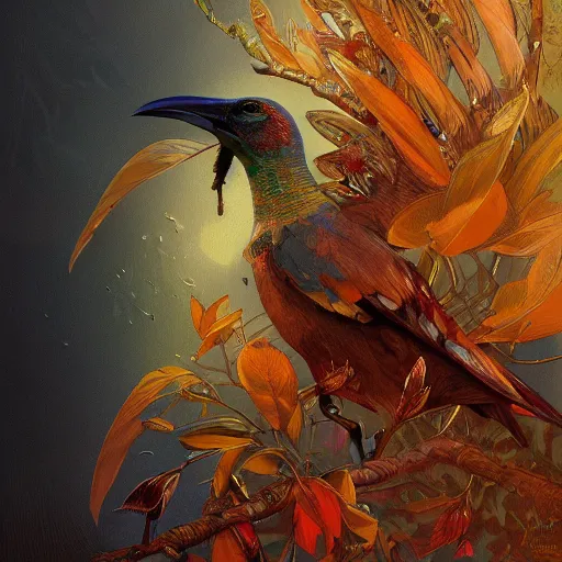 Image similar to close up of colorful bird, golden crown, dark, rusty, fantasy forest, highly detailed, realistic, artstation, concept art, smooth, sharp focus, illustration, art by artgerm and greg rutkowski and alphonse mucha