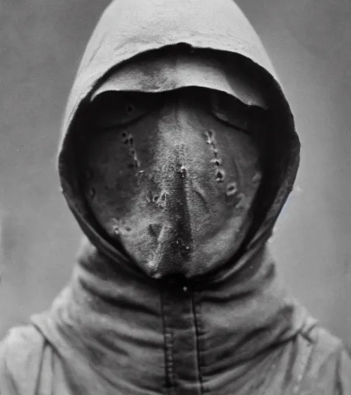 Image similar to a man at distance wearing hooded mask covering his entire face, ww1 film photo, grainy, high detail, high resolution