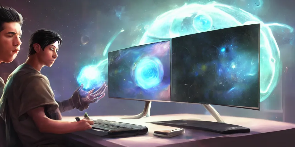 Prompt: a young mage creating a universe in his pc, a male mage in his 2 0 s with black hair sitting in front of monitor. hyperrealistic, extremely detailed, award - winning art, trending on artstation