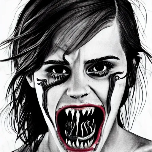 Image similar to emma watson screams in hunger and shows her long teeth, horror version. an unnatural abomination with long teeth, many tentacles, and gray skin. grunge, horror, dmt, dark and muted colors, detailed airbrush art, by yves klein