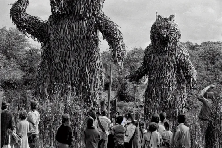 Image similar to at the festival of the Wicker Man in a small Scottish village, a giant towering Godzilla made of reeds burns, villagers watch, photojournalism, 1967, photorealism, very realistic, in the style of Midsommar, 50mm lens, Kodak 5219 film