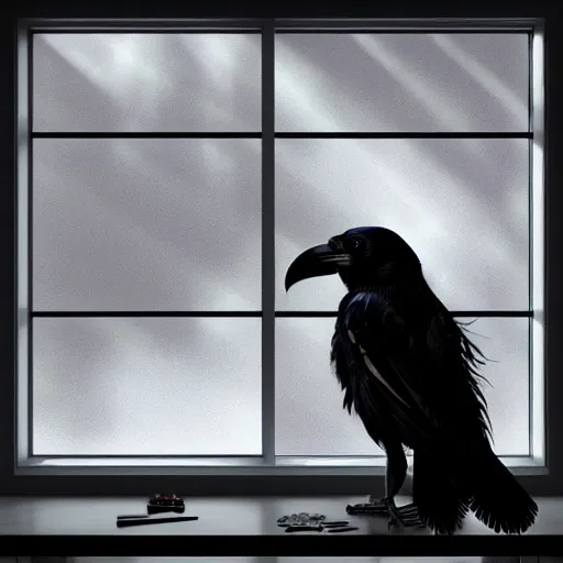 Prompt: Black Raven Perching Under an Open Window on the Table of a Workroom with Clockwork Parts and Metal Pieces and a Few Black Feathers on the Table, Crisp, Clear, Focused, Sunlight Streaming in through the Window, Digital Art on Artstation