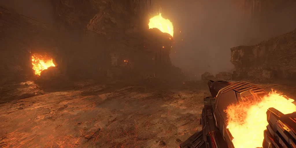 Image similar to doom 2 in the unreal engine, 8k, high detail, volumetric lighting, lensflare