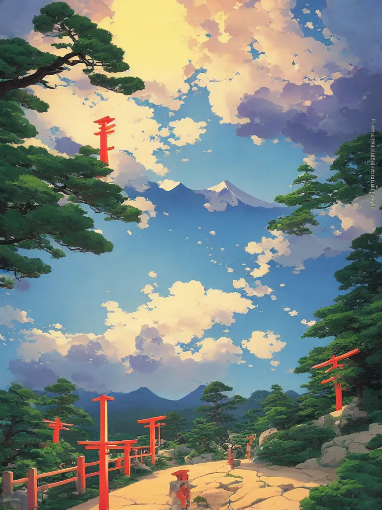 Prompt: a traditional Japanese quite Torii on a mountain，MOON, by studio ghibli painting, clouds, wide angle , low-angle shot, by Joaquin Sorolla rhads Leyendecker, by Ohara Koson and Thomas Kinkade, traditional Japanese colors, superior quality, masterpiece