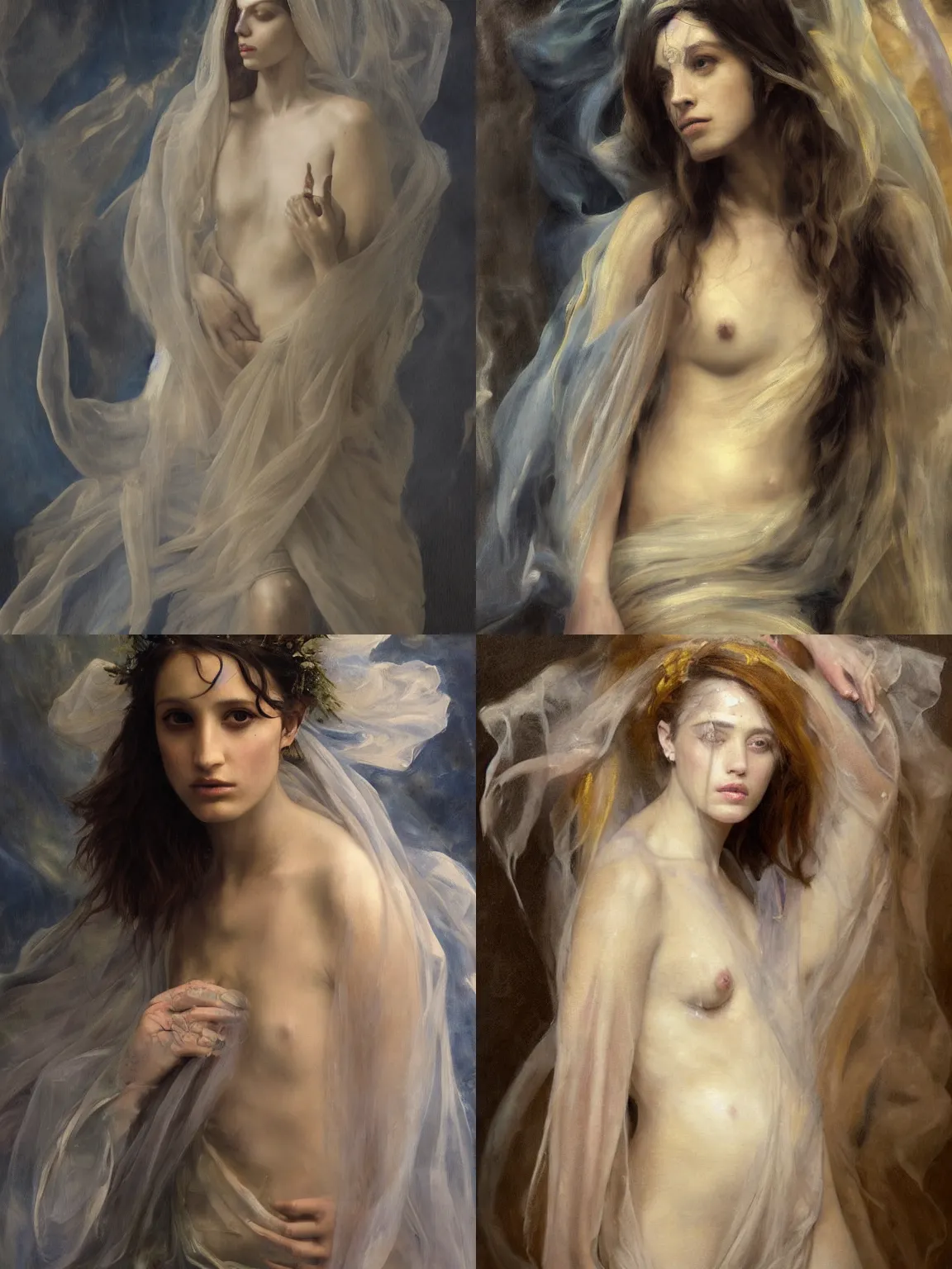 Prompt: loose painting of a sad, fragile, cool, beautiful, veiled, girl covered in tattoos and translucent, flowing, greek dress, endless flowing ethereal drapery, classical greece, alla prima, oil painting, by giovanni strazza, sargent and raffaelo monti, arranged in the golden ratio, epic composition, face fully visible, trending in artstation