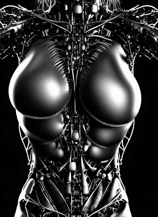 Prompt: organic cyborg full frontal torso close-up, vivid blackest black satin plastic, diffuse lighting, fantasy, intricate, elegant, highly detailed, lifelike, photorealistic, digital painting, artstation, illustration, concept art, smooth, sharp focus, art by John Collier and Albert Aublet and Krenz Cushart and Artem Demura and Alphonse Mucha