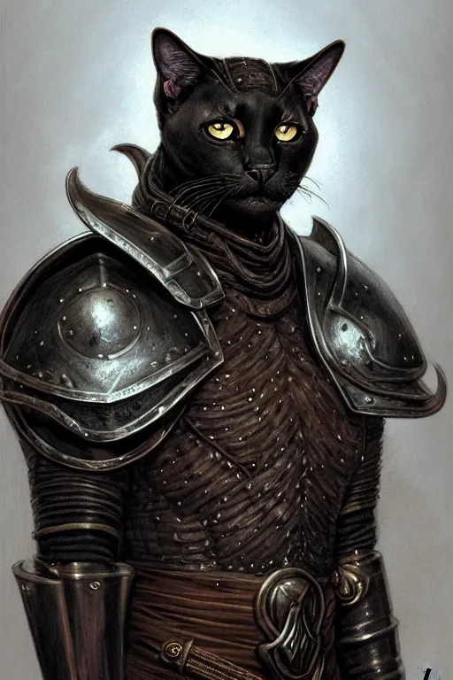 Image similar to head and shoulders portrait of an eldritch knight, tabaxi, black cat, anthropomorphic, male, breastplate, magical, high fantasy, d & d, by donato giancola, face details, extremely detailed, digital illustration