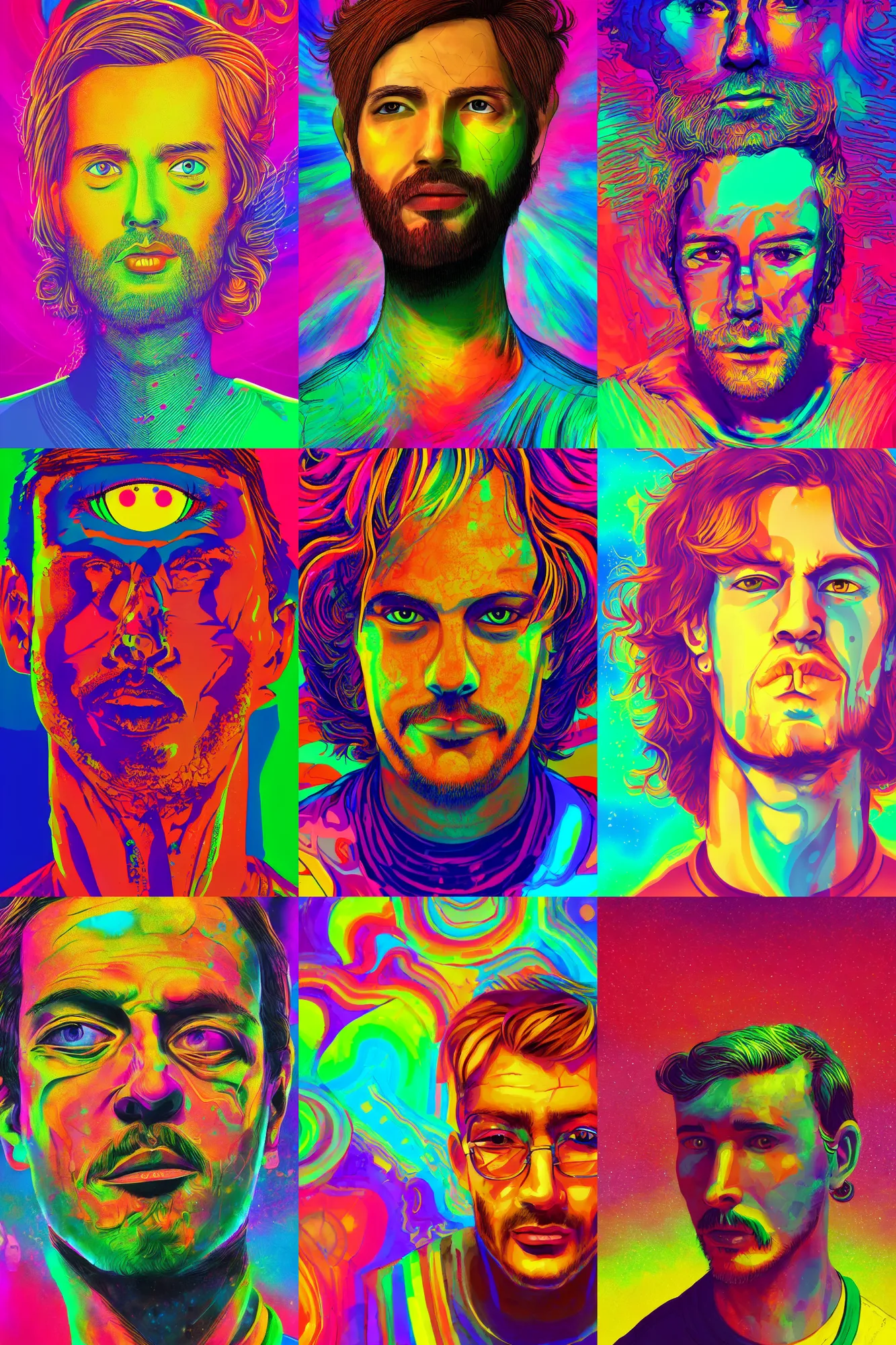 Prompt: a colorful vibrant closeup portrait of a simple man with dreaming psychedelic hallucinations, colorful flat surreal design, hd, 8k, artstation