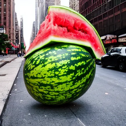 Prompt: Photo of a giant watermelon falling onto the streets of New York City makes everyone panic, surrounding buildings are destroyed, chaos is visible, color photo , hd, realistic