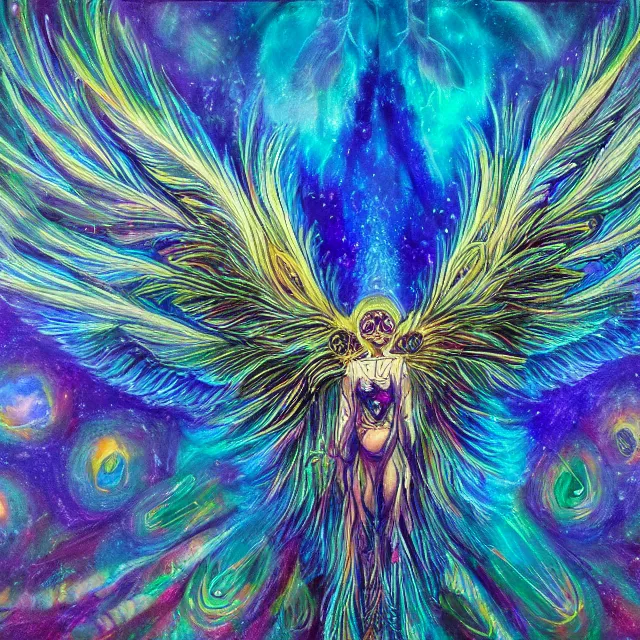 Image similar to angelic ophanim Lovecraftian celestial covered in eyes feathers and wings, oil painting award winning, chromatic aberration sharp colors, symmetrical geometry sublime angel be not afraid