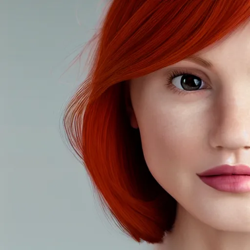 Image similar to red haired woman looking back at the camera, hyper realistic