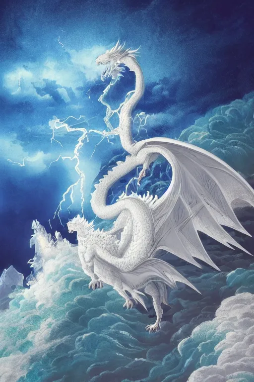 Prompt: Japanese poster art of a white dragon in front of the sea during a storm, cliffs, clouds, thunder, 4k, colourful