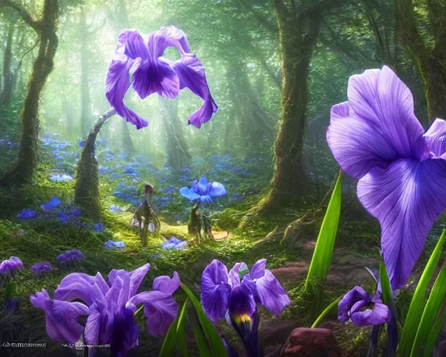 Image similar to detailed concept art of an iris flower in an magical forest by james gurney in the style of yoshitaka amano, depth of field, unreal engine, 8 k, sharpness, artstation, award - winning realistic sci - fi concept art, in the style of james gurney.