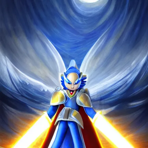 Prompt: paladin wearing silver amour with mirror finish, wielding a longsword that gleams like the sun. he is wearing a teutonic helmet, inside his eyes glow like the sun. sonic the hedgehog is also there. background of snowy mountains. fantasy painting.