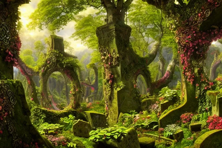 Image similar to a beautiful and highly detailed matte painting of a lush garden in a beautiful forest, carved celtic stone runes, psychedelic colors, intricate details, epic scale, insanely complex, hyperdetailed, artstation, cgsociety, 8 k, sharp focus, hyperrealism, by caspar friedrich, albert bierstadt, james gurney, brian froud,