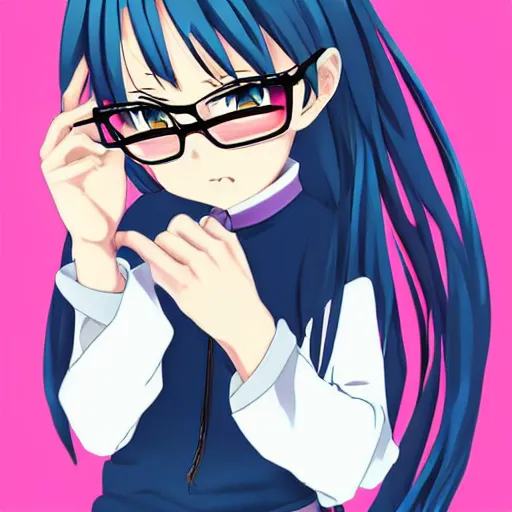 Prompt: Anime Girl. High-Angle shot. 2d Anime Manga drawing. Glasses, cute look. form-fitting conservative knit outfit. Sharp colors, detailed. 2d art. Kawaii