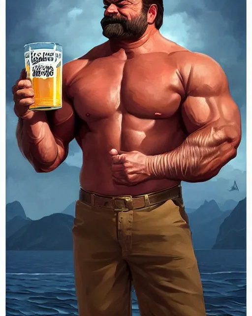 Image similar to gigachad ron swanson bodybuilder holding a keg of beer in final fight ocean by ilya kuvshinov, ernest khalimov body by krista sudmalis, fantasy character portrait, ultra realistic, concept art, intricate details, elegent, digital painting, smooth, sharp focus, illustration, art by artgerm and greg rutkowski and alphonse mucha, artstation