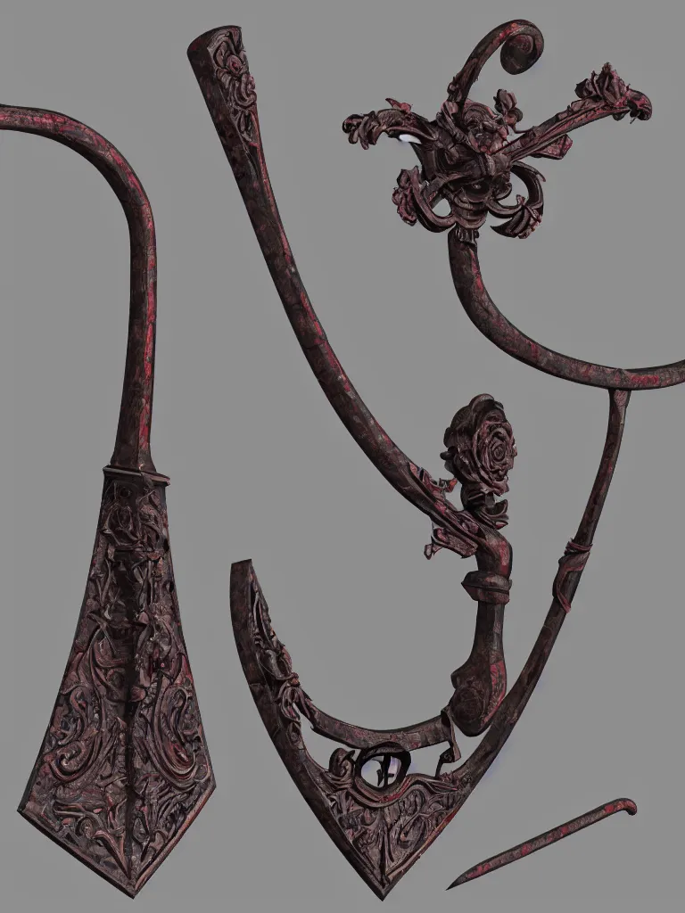 Image similar to double-bladed rose-colored scythe, the two blades are attached to either end of the handle, facing opposite directions, highly detailed, unreal engine