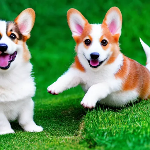 Prompt: 8k highly detailed photograph of the most adorable Corgi Puppies playing with a beach ball on green grass in my backyard, natural sunlight,