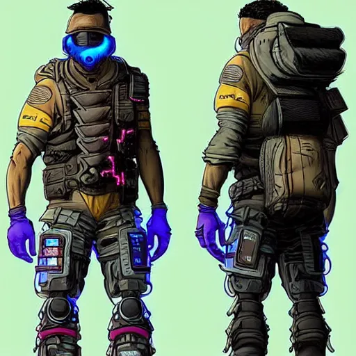 Prompt: Apex legends cyberpunk fitness dude. Concept art by James Gurney and Mœbius.