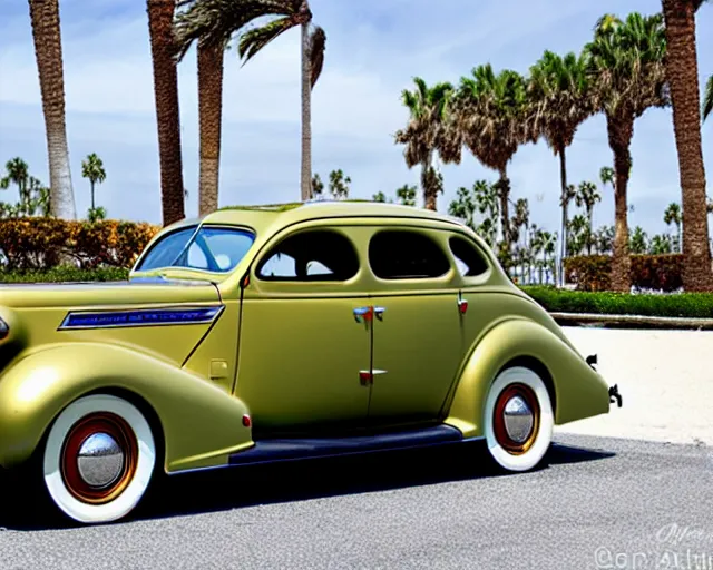 Prompt: 1 9 3 7 pontiac sedan, tan, palm trees in the background