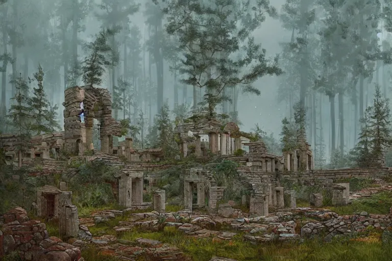 Prompt: beautiful ancient ruins in a swedish forest view, highly detailed, very realistic, intricate, soft lighting, very wide shot, digital painting by simon stålenhag