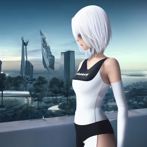 Prompt: platinum - blonde - haired long bob cut blue - eyed princess wearing white leggings and black jacket, standing next to communist monument, futuristic city, anime, hd anime wallpaper, hyperrealistic lighting, octane render, volumetric lighting, drawn by artgerm