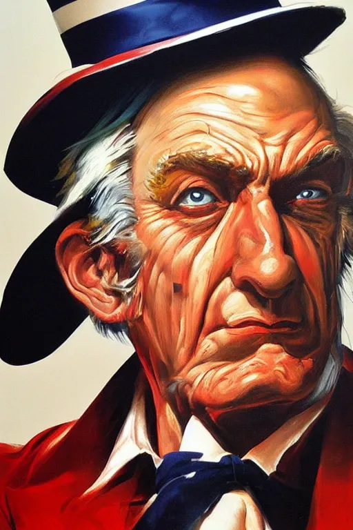 Image similar to expressive exaggerated portait painting of uncle sam, alex ross!!!, phil hale!!!!, visible brush strokes, graphic,'action lines '!!!!, striking, sharp, hd image