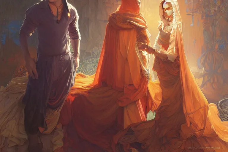 Image similar to portrait of tinfoil hat man in orange t - shirt behind his wife, feelings, romantic, fantasy, intricate, elegant, highly detailed, digital painting, artstation, concept art, smooth, sharp focus, illustration, art by artgerm and greg rutkowski and alphonse mucha